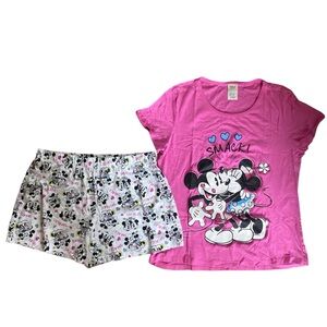 Disney Kissing Mickey & Minnie Love Pink White Short Pajama Set Size XL
